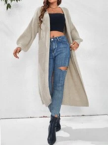 SHEIN Privé Lantern Sleeve Cardigan Without Belt - Khaki - View 4