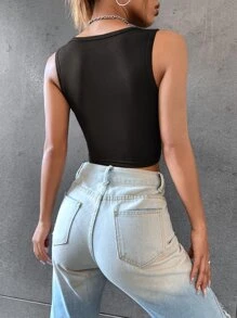 Top sin mangas con estampado de cara de dibujo animado para mujeres - Negro - Ver 2