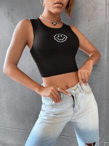 Top sin mangas con estampado de cara de dibujo animado para mujeres - Negro - Ver 3