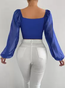 Breezaya Lantern Sleeve Drawstring Crop Top Fall Cloth For Women - Royal Blue - View 2