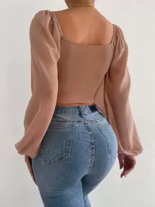 Breezaya Women's Casual Vacation Style Solid Color Sweetheart Neck Lantern Sleeve Drawstring Ruched Cropped Top, Spring/Summer/Autumn - Dusty Pink - View 2