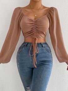 Breezaya Women's Casual Vacation Style Solid Color Sweetheart Neck Lantern Sleeve Drawstring Ruched Cropped Top, Spring/Summer/Autumn - Dusty Pink - View 4