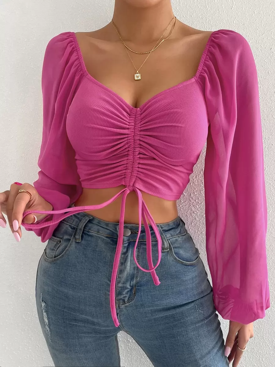 Breezaya Women's Solid Color Heart Neck Drawstring Ruched Long Sleeve Casual Top - Hot Pink - View 1