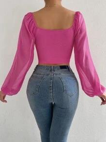 Breezaya Women's Solid Color Heart Neck Drawstring Ruched Long Sleeve Casual Top - Hot Pink - View 2