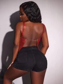 SHEIN SXY Chain Detail Back Metallic Cami Top - Burgundy - View 2