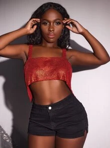 SHEIN SXY Chain Detail Back Metallic Cami Top - Burgundy - View 3