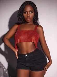 SHEIN SXY Chain Detail Back Metallic Cami Top - Burgundy - View 5