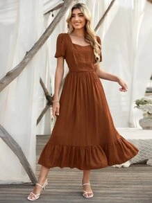 Breezaya 荷葉邊泡泡袖連衣裙 - 鏽棕色 - 查看 4