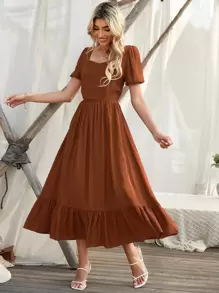 Breezaya 荷葉邊泡泡袖連衣裙 - 鏽棕色 - 查看 5