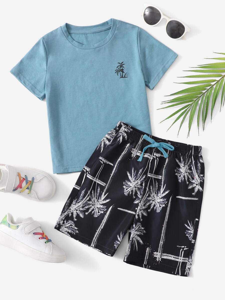 SHEIN Toddler Boys Coconut Tree Print Tee & Drawstring Waist Shorts - Multicolor - View 1