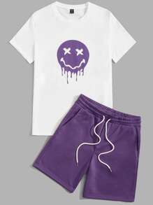 Manfinity VCAY Men Letter Graphic Tee & Drawstring Waist Shorts Set - Purple - View 1