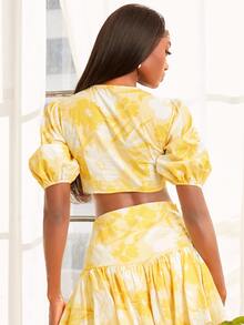SHEINNeu Floral Print Button Front Crop Blouse - Yellow - View 2