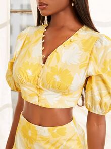SHEINNeu Floral Print Button Front Crop Blouse - Yellow - View 6
