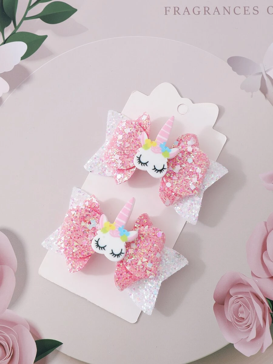 Bộ 2 kẹp tóc hình kỳ lân đính kim sa và nơ lấp lánh, phụ kiện tóc ngọt ngào dành cho bé gái, thích hợp sử dụng hàng ngày. - Nhiều màu - Xem 1