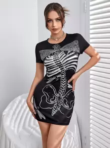 Vestido ajustado libélula & estampado de esqueleto