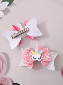 Bộ 2 kẹp tóc hình kỳ lân đính kim sa và nơ lấp lánh, phụ kiện tóc ngọt ngào dành cho bé gái, thích hợp sử dụng hàng ngày. - Nhiều màu - Xem 3