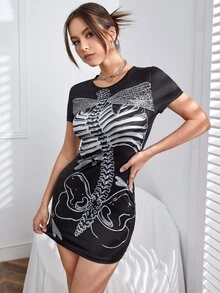 Vestido ajustado libélula & estampado de esqueleto