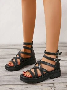 搭扣裝飾後拉鏈坡跟涼鞋 - 黑色 - 查看 3