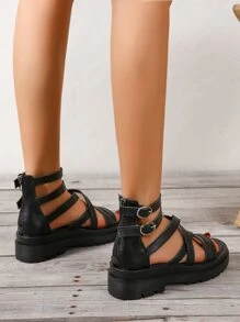 搭扣裝飾後拉鏈坡跟涼鞋 - 黑色 - 查看 2