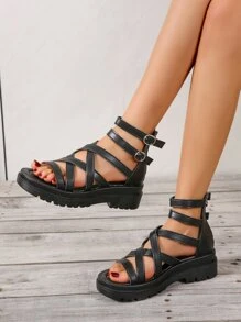 搭扣裝飾後拉鏈坡跟涼鞋 - 黑色 - 查看 4