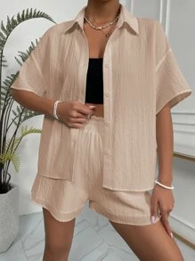 SHEIN Unity Solid Drop Shoulder Shirt & Shorts Set - Apricot - View 1