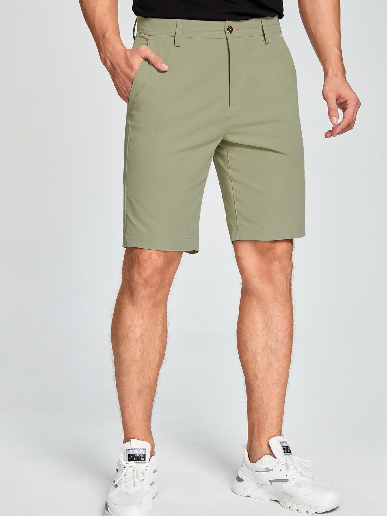 Manfinity Mode 男士拉鏈門襟口袋短褲 - 軍綠色 - 查看 1