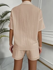 SHEIN Unity Solid Drop Shoulder Shirt & Shorts Set - Apricot - View 2
