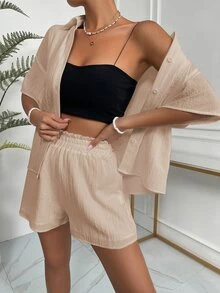 SHEIN Unity Solid Drop Shoulder Shirt & Shorts Set - Apricot - View 3