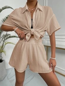 SHEIN Unity Solid Drop Shoulder Shirt & Shorts Set - Apricot - View 4