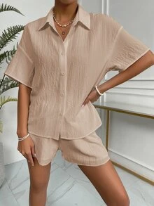 SHEIN Unity Solid Drop Shoulder Shirt & Shorts Set - Apricot - View 5