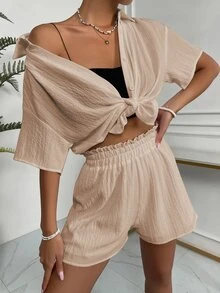 SHEIN Unity Solid Drop Shoulder Shirt & Shorts Set - Apricot - View 7