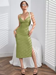 Firerie Tie Shoulder Split Thigh Cami Dress,Pastel Dresses For Women - Lime Green - View 4