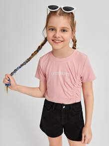 SHEIN Tops con gái Nghề thêu Xù Gân đan Lá thư Giải trí - Màu Hồng baby - Xem 1