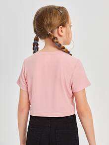 SHEIN Tops con gái Nghề thêu Xù Gân đan Lá thư Giải trí - Màu Hồng baby - Xem 2