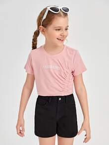 SHEIN Tops con gái Nghề thêu Xù Gân đan Lá thư Giải trí - Màu Hồng baby - Xem 3