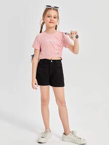 SHEIN Tops con gái Nghề thêu Xù Gân đan Lá thư Giải trí - Màu Hồng baby - Xem 4