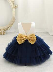 Toddler Girls Sequin Insert Big Bow Mesh Hem Gown Dress