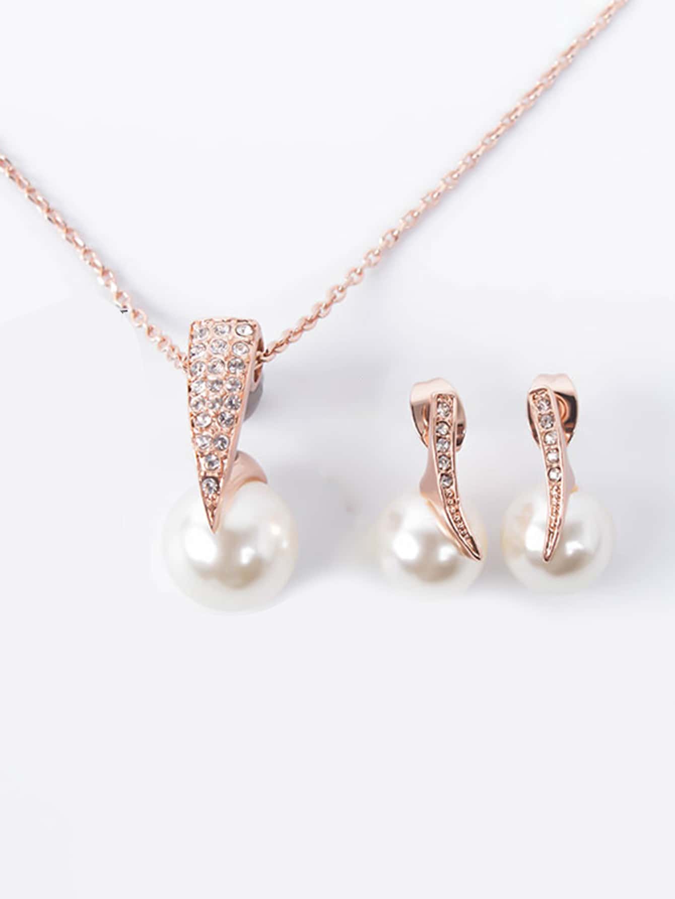 人造珍珠裝飾吊墜項鍊和耳釘 - 玫瑰金 - 查看 1
