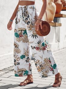 Breezaya Floral Print Knot Front Wide Leg Trousers - White - View 1