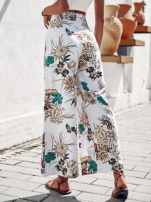 Breezaya Floral Print Knot Front Wide Leg Trousers - White - View 2