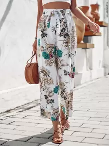 Breezaya Floral Print Knot Front Wide Leg Trousers - White - View 4