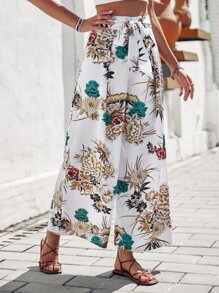 Breezaya Floral Print Knot Front Wide Leg Trousers - White - View 5
