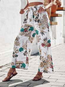 Breezaya Floral Print Knot Front Wide Leg Trousers - White - View 6