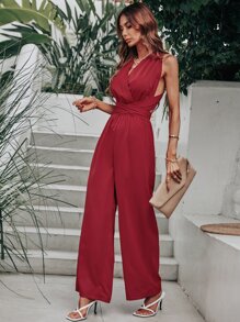 SHEIN Unity Solid Criss Cross Tie Backless Jumpsuit - Burgundy - View 5