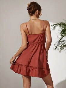 SHEIN Unity Cut Out Knot Front Ruffle Hem Cami Dress - Rust Brown - View 2