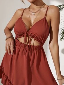 SHEIN Unity Cut Out Knot Front Ruffle Hem Cami Dress - Rust Brown - View 4