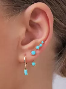 3雙幾何裝飾耳環 - 藍色 - 查看 1