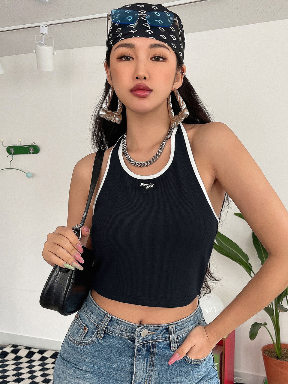 Letter Patched Contrast Binding Backless Halter Top