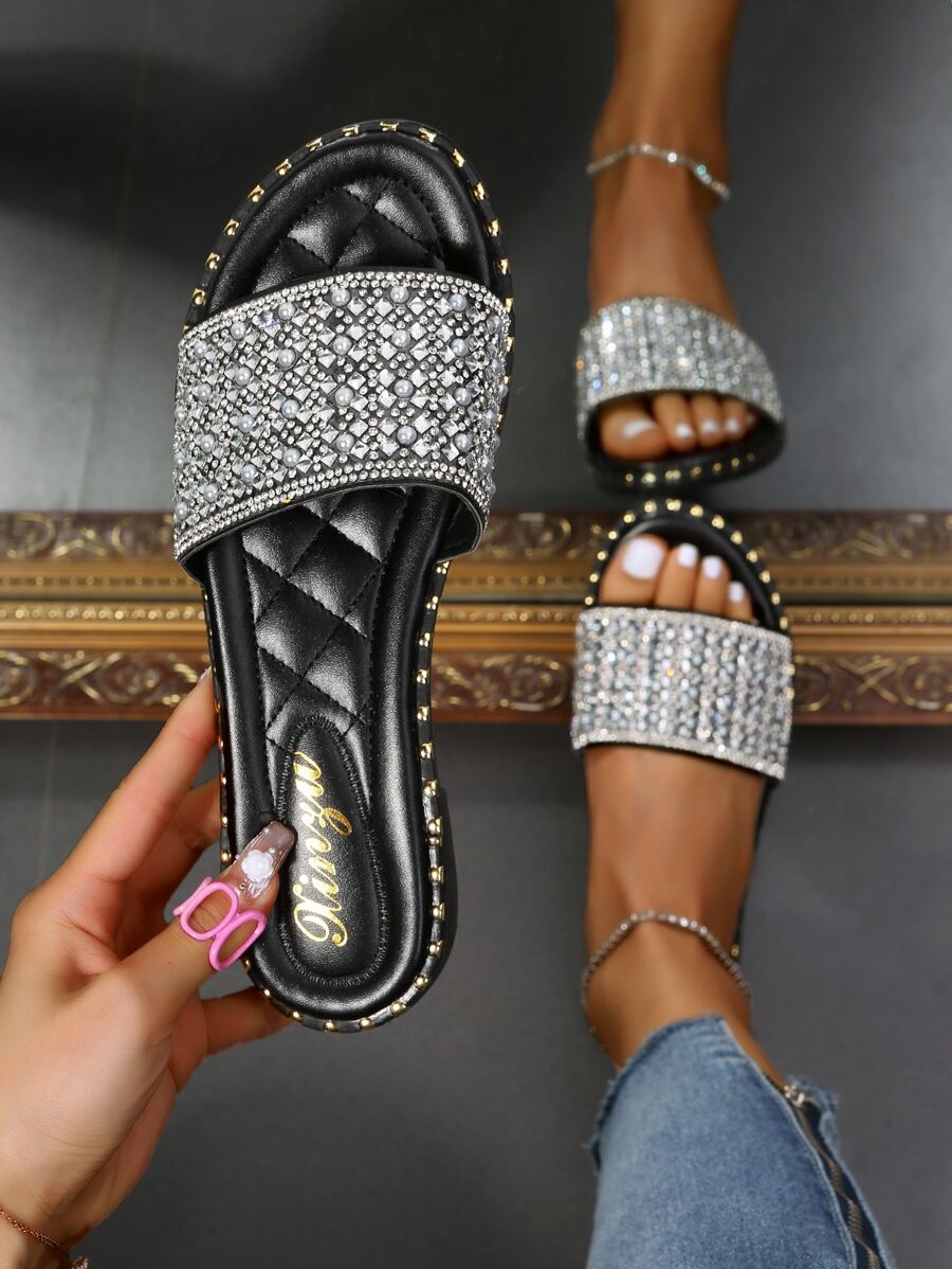 Sandalias deslizantes con decoración de rhinestones para mujeres, sandalias planas de punta abierta glamorosas para el Día de San Valentín - Plateado - Ver 1