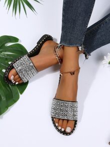 Sandalias deslizantes con decoración de rhinestones para mujeres, sandalias planas de punta abierta glamorosas para el Día de San Valentín - Plateado - Ver 2